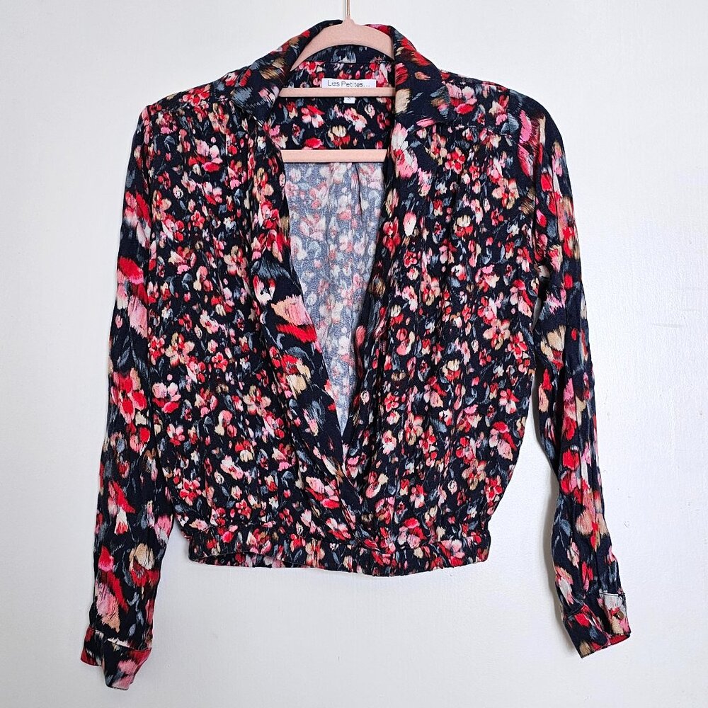 Les Petites Paris Floral Long Sleeve Cropped Blouse Top S, Haut Patch